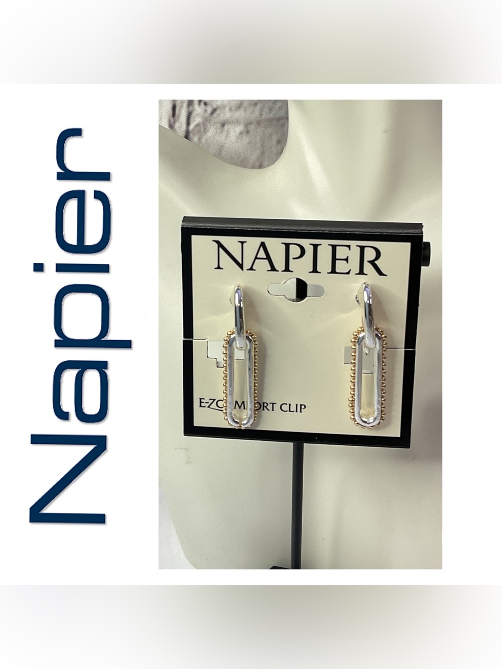 🌟🌟 Napier Two-Tone Gold and Silver Rectangular Drop Clip-On Earrings